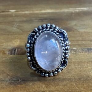 Vintage Style Genuine Rose Quartz Statement Ring Size 7 Silver 925 Plated Boho